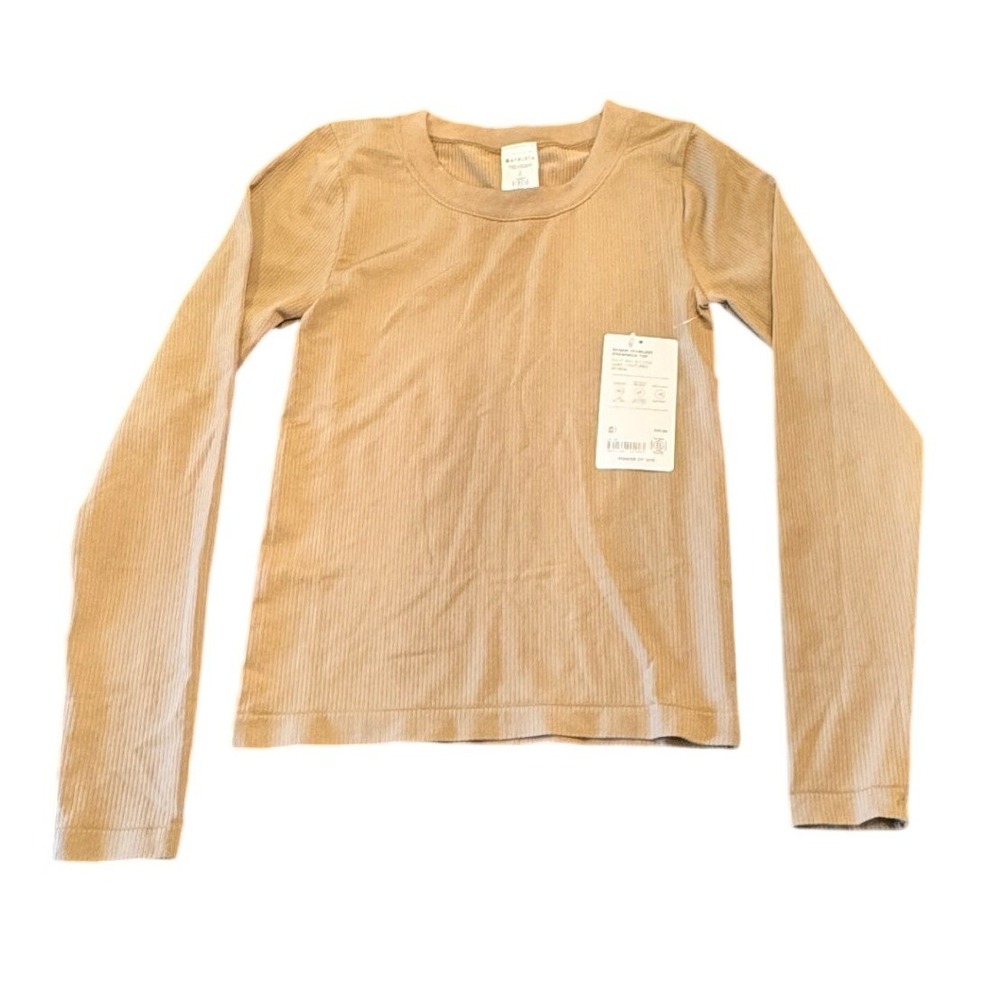 NWT Athleta Renew Seamless Crewneck Beige/Brown Ribbed Long Sleeve Shirt - Small